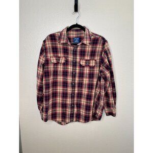 Faded Glory Mens Plaid Long Sleeve Button-Up Shirt Large Cotton Red/Khaki Casual